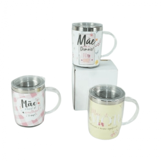 Caneca de Inox Decorada  com Frases de Mãe com Tampa 450 ML (Unidade)